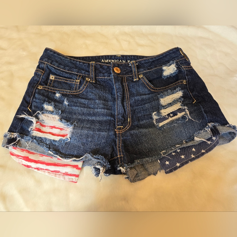 American Eagle Outfitters Distressed Dark Blue Denim Flag Patch Shorts